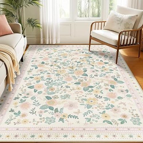 Washable Floral Area Rug for Living Room 6x9 Light Beige