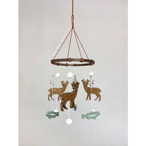 Wooden Deer and Bass Baby Mobile: Fishing Nursery Decor