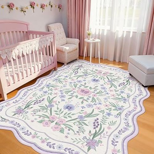 Scalloped Floral Rug 6x9, Purple Lavender Washable Non Slip Area Rug for Girls Bedroom, Soft Low Pile Cottagecore Rug for Nursery, Dorm, Bedroom