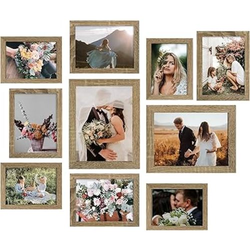 LUCKYLIFE Picture Frame Set 10-Pack, Gallery Wall Frame Collage with 8x10 5x7 4x6 Frames in Natural Woodgrain Finishes