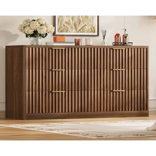 TEENFON Fluted 6 Drawer Dresser for Bedroom, Wide Modern Chest of Drawers with Metal Handle, Curved Profile Design, Wood Closet Clothes Storage Organizer for Bedroom, Hallway, Walnut