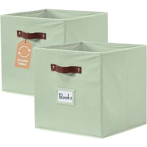 DECOMOMO Storage Bins, Cube Storage Bin with Labels, Fabric Storage Cubes for Shelves (10.5" x 11" / 2pcs, Sage Green)