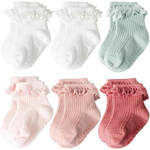 Baby Girl Toddlers Socks with Non-slip Grip Cute Frilly Ruffle Ankle Soft Cotton Newborn Baby Socks for Infant Kids