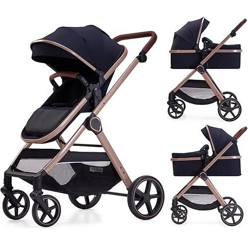 Lortsybab 2 in 1 Baby Stroller, Newborn Infant Toddler Convertible Bassinet Pram Stroller for 0-36 Months Old Babies (Black)