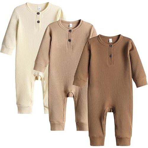 Bafeicao Baby Boy Girl 3 Pack Solid Romper Ribbed Long Sleeve
