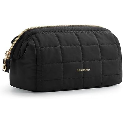 BAGSMART Makeup Bag Travel Toiletry Bag, Puffy Padded Make Up Bags for Women Makeup Organizer Case, Wide-open Pouch Purse Travel Essentials Toiletries Accessories Brushes, Black