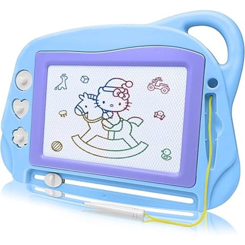 AiTuiTui Magnetic Drawing Board Mini Travel Doodle, Erasable Writing Sketch Colorful Pad Area Educational Learning Toy for Kid/Toddlers/Babies with 3 Stamps and 1 Pen (Sky Blue)