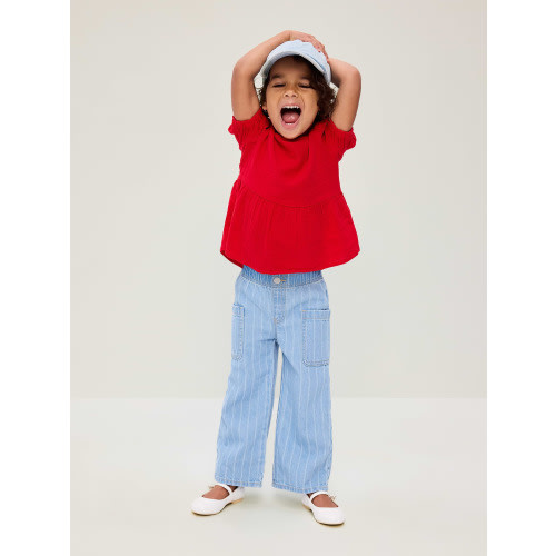 Pull-On Baggy Striped Wide-Leg Cargo Jeans for Toddler Girls