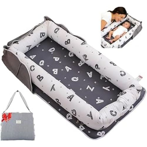 Baby Lounger for Newborn Portable Bag,Baby Nest Play Gym mat with Strap,Newborn Lounger Adjustable Size & Inner Zipper Lengthen Space to 24 Months(Letter Gray)