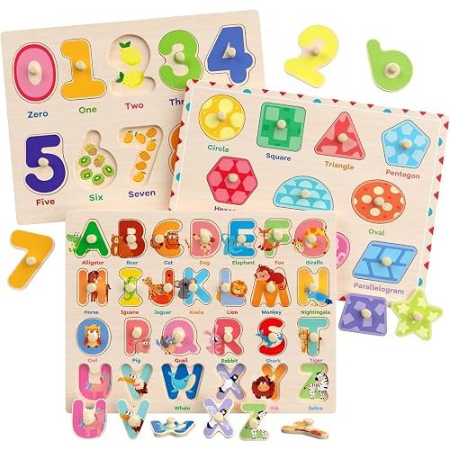 Zeoddler Wooden Montessori Puzzles for Toddlers, 3 Pack ABC, Number and Shape Puzzle for Kids, Preschool Learning Activities, Gift for Girls Boys