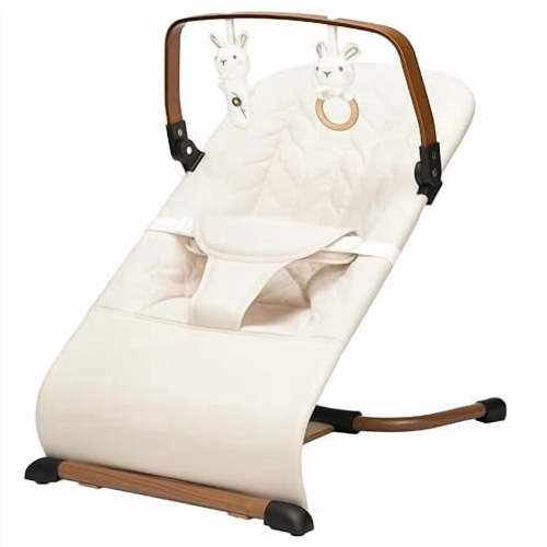 3 in 1 Baby Bouncer (Sit, Play & Relax),3 Recline Positions,Foldable Baby Rocker Chair W/ Removable Wooden Bar for 0-12 Months Infant & Toddler,Beige