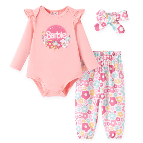 Barbie Baby Girl Clothes 3Pcs Ruffle Long Sleeve Romper And Floral Pants Set With Headband Newborn Outfits Gift Set Sizes 0/3-18M