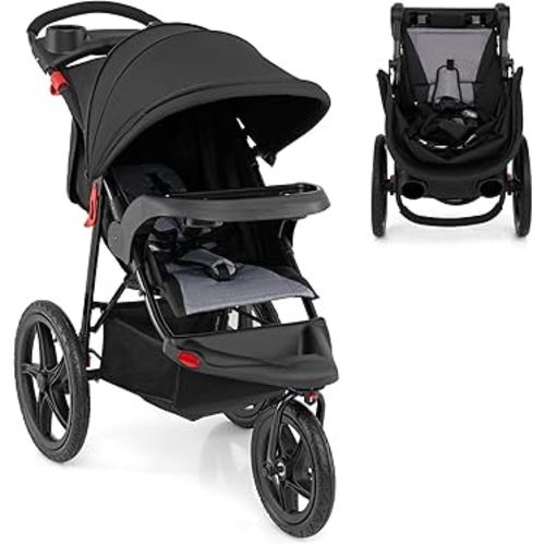 HONEY JOY Jogging Stroller, Foldable Running Stroller w/Adjustable Canopy & Recline Seat, 2 Cup Holders, Snack Tray, Storage Basket, Bicycle Tires, Baby Jogger Stroller for Infants to Toddlers (Black)