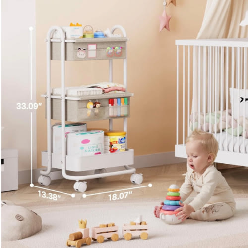 Baby Diaper Caddy Organizer Cart - 3 Tier Rolling Storage Cart with Wheels, Baby Essentials Nursery Storage, Detachable Dividers - for Crib, Bedroom, Art & Craft Organizer (Off White)