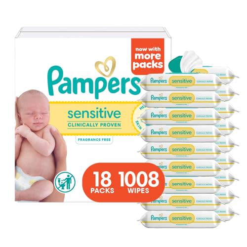 Pampers Sensitive Baby Wipes, Water Based, Hypoallergenic and Unscented, 18 Flip-Top Packs (1008 Wipes Total) [Packaging May Vary]