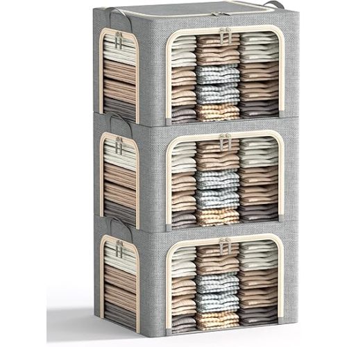 3 Opeings Large Clothes Storage Bins with Metal Frame, Foldable Storage Bin for Clothes, Clothing Storage Bins with Lid, Linen Storage Box With Clear Window＆ Zippers＆ Handles.(3 Pcs,Light Grey,66L)
