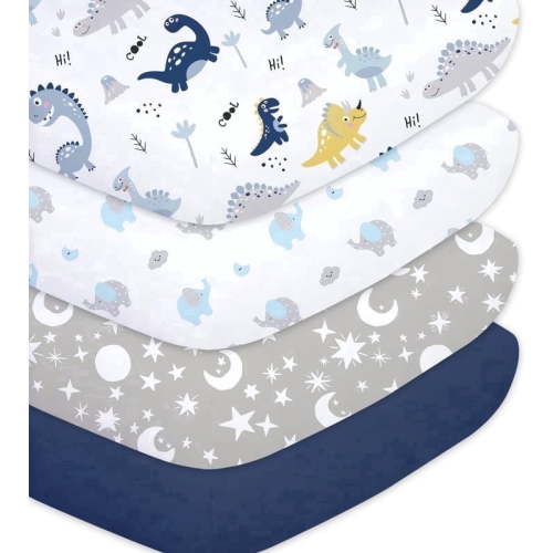 Little Grape Land Crib Sheets for Baby Boys 4 Pack, 28"x 52" Extra Soft Microfiber Crib Sheet Set for Standard Crib & Toddler Mattress Pad, Dinosaur & Elephant & Stars & Navy Blue