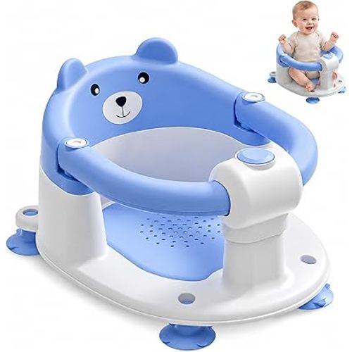 Baby Bath Seat for Babies 5-10 Months, Non-Slip Toddler Bath Seats for Babies Sitting Up, Safe Infant & Newborn Bathtub Chair with 4 Suction Cups & Soft Cushion for Shower,Blue