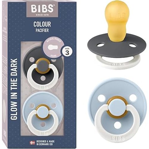 BIBS Pacifiers Colour Collection | Natural Rubber Baby Pacifier | Set of 2 BPA-Free Soothers | Made in Denmark | 18+ Months (Pack of 2) | Iron Glow/Baby Blue Glow