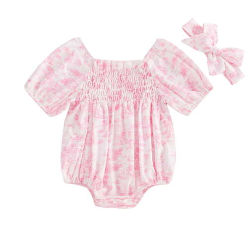 BemeyourBBs Newborn Baby Girls Summer Clothes Smocked Bubble Rompers Floral Print Ruched Puff Sleeve Bodysuits Playsuit Infant Baby Girl Jumpsuits with Headband