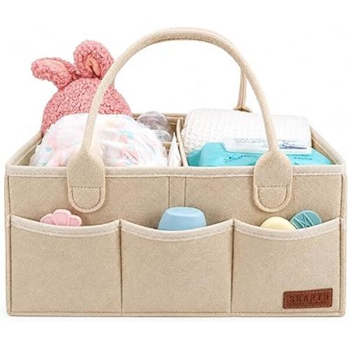 Sharth Baby Diaper Caddy Organizer with Handle, Baby Shower Gifts Basket Bag, Registry Search Must Haves Items, Nursery Storage Organizer for Newborn Girl Boy, Car Diaper Caddy (Beige)