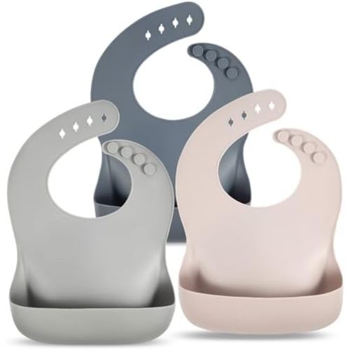 Eascrozn 3 Pack Silicone Bibs for Babies, Soft Adjustable Baby Bibs for Feeding Essentials, BPA Free, Bibs for Baby Boy Girl Gifts, Dishwasher Safe