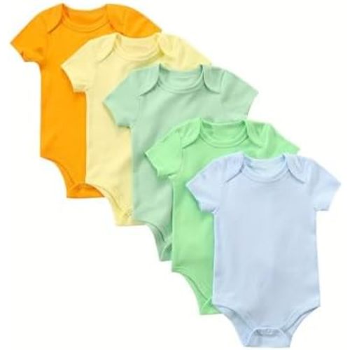 5-Pack Newborn Infant Unisex Short Sleeve Baby Bodysuits,Comfortable 100% Cotton Candy Color Rompers