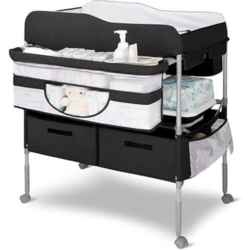 Portable Baby Changing Table, with Adjustable Waterproof Foldable Changing Station with Nappy Mats, Baby Pots, Locking Wheels, Safety Belt & Large Storage, Ideal for Newborn and Infants