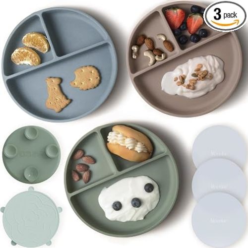 Moonkie Suction Plates for Baby | 100% Silicone BPA-Free Baby Plates with Lids and Food Cover | Divided Design | Microwave and Dishwasher Safe | Toddler Plates 3 Pack