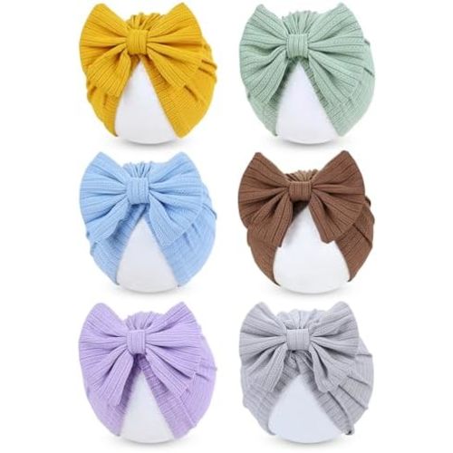 Cinaci 6 Pack Nursery Hospital Caps Bonnets Beanies Headwraps Turban Hats with Bow for Baby Girls Newborns Infants Toddlers