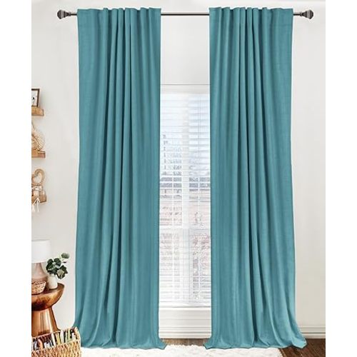 100% Blackout Shield Linen Blackout Curtains for Bedroom 96 Inches Long, Back Tab/Rod Pocket Living Room Drapes, Thermal Insulated Blackout Curtains 2 Panels Set, 50" W x 96" L, Dark Cyan
