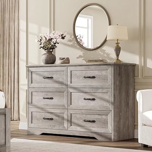 GarveeHome 6 Drawers Dresser for Bedroom,Chest of Drawers with Wide Metal Handle,Farmhouse Modern Wooden Dresser,Natural Texture,Storage Organizer Dressers for Bedroom,Living Room,Kids Room(Grey)