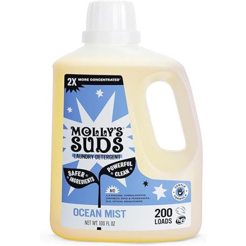 Molly's Suds Liquid Laundry Detergent | Clean Laundry Detergent Soap for Sensitive Skin | 2x Concentrated, High Efficiency (HE) | Ocean Mist - 100 Loads