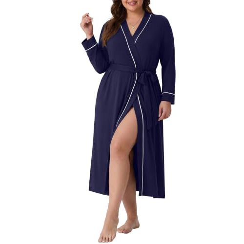 OLRIK Womens Plus Size Robe Long Knit Bathrobe V Neck Loungewear | Maternity Robe|Shower Robe|House Coats For Women|2 Pockets|Internal and External Waist Straps|Lightweight Long Length