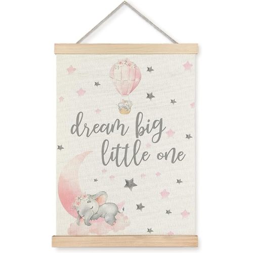 Supwhd Baby Girl Elephant Nursery Wall Decor, Pink Baby Elephant Nursery Wall Art Decor for Baby Toddler Little Girls Room Playroom, Dream Big Little One Poster Hanger Frame, 12x16 Inches