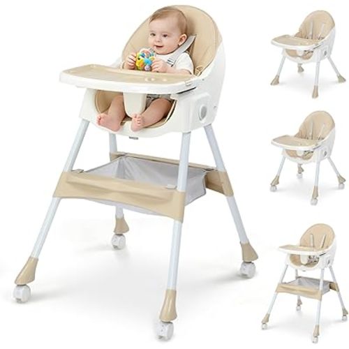 Ktaxon Foldable Baby High Chair, 2-in-1 Portable Convertible Highchair with 5-Point Safety Harness, Easy to Clean Tray and Storage Bag for Toddlers & Babies, Beige