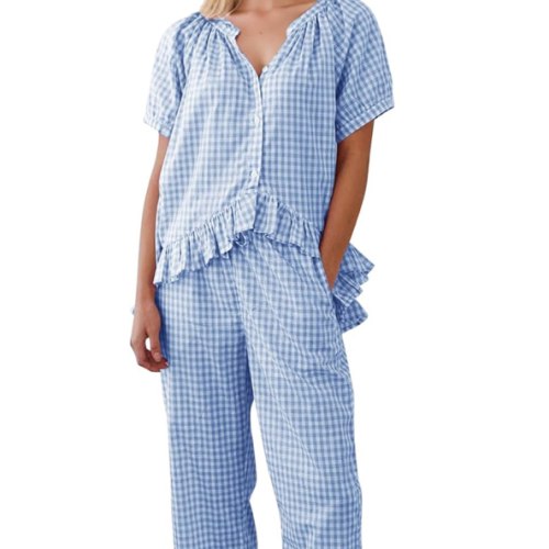 COZYPOIN Womens Gingham Pajama Set 2 Piece Plaid Cotton Pjs Cute Ruffle Sleepwear Maternity Bridesmaid Pajamas Loungewear