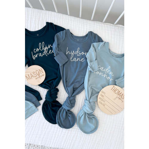 Personalized Bamboo Newborn Baby Knot Gown | River Blues - Script