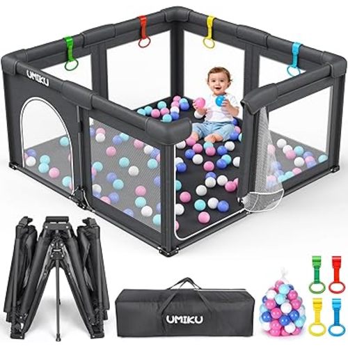 Baby Playpen Foldable Playpen for Babies and Toddlers, Large Playpens Portable Play Pen with 2 Doors Play Yard for Kids Fence Indoor Outdoor 4 Handlers 50 Balls Baby Gifts Essentials 50"X50" Dark Grey