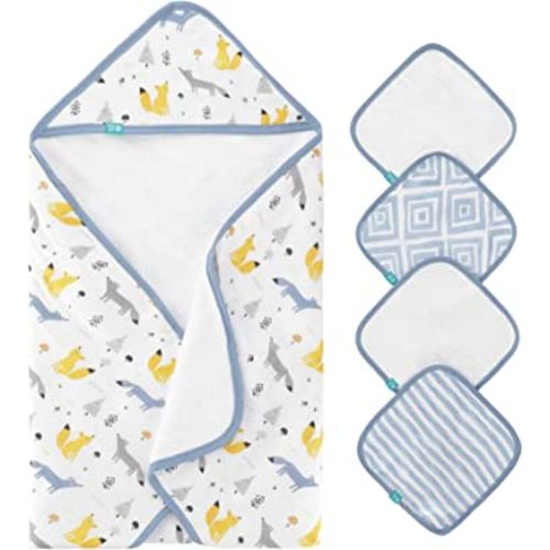 Featherhead™ 5-Piece 100% Cotton Muslin Hooded Bath Towel & Washcloths Set for Baby Boy - Ultra Soft and Extra Absorbent - Newborn Essential & Perfect Baby Registry Gift (Blue Foxes)