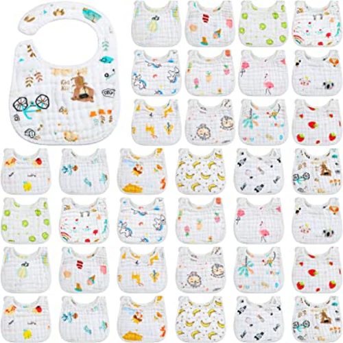 Hicarer 36 Pack Muslin Baby Bibs Bulk Adjustable Newborn Toddler Drool Snap Bibs 8 Layers Cotton Baby Boy Girl (U Shape)