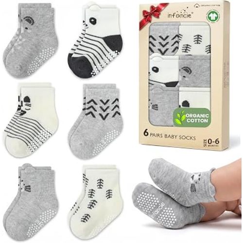 GOTS Organic Cotton Blend infant 6 Pairs socks with Grip 0-6 M Boy Non Slip