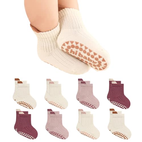 BONANGEL Baby Socks with Grips, 8 Pairs Non Slip Cotton Ankle Socks for Toddler Girls Boys Infants Kids 0-5 Years Old
