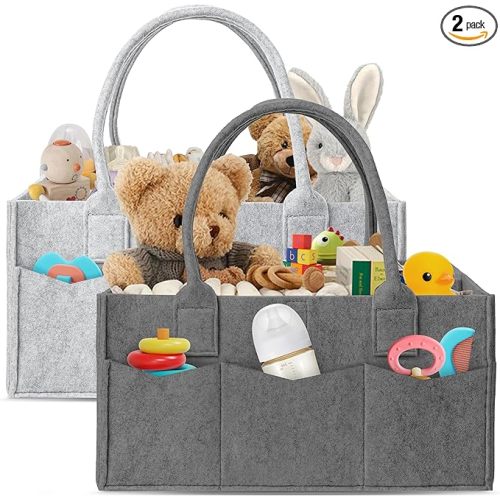 HIPHOP PANDA 2-Pack Diaper Caddy Organizer - Nursery Storage Bin & Car Organizer for Diapers, Wipes, and Baby Essentials - Dual-Color Solid Set (Dark Grey/Grey), Regular Size