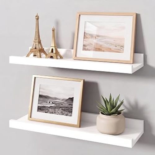 White Picture Ledge Shelves for Wall, 4.5" Deep Wood Floating Shelves with Lip for Bedroom, Living Room, 13.7" Width, Color White Set of 2