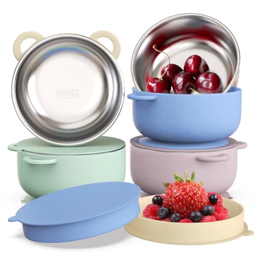 Bakpoco Baby Suction Bowls with Lids 4-Pack, 2-in-1 Stainless Steel 304 Toddler Bowl & Removable Silicone Suction Kids Bowl Plate Set Non Toxic Snack Dishes for Self-Feeding, Twilight Meadow