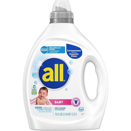 all Baby Laundry Detergent Liquid, 75oz, 100 Loads, Hypoallergenic & Dye Free, Gentle on Sensitive Skin, Tough on Stains, Pediatrician Tested, Lightly Scented, HE Safe