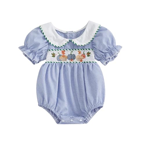 Infant Baby Girl Summer Outfits Pumpkin Plaid Short Sleeve Romper Smocked Bodysuit Halloween Clothes
