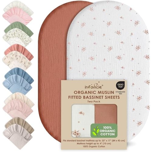 100% Organic Cotton Muslin Baby Bassinet Baby Sheet 33 X 17 Inch Soft Breathable Lightweight Stretchable Bed Sheet 2 Pack Gentle On Skin Durable Snug Fit Sheet for Newborn Bassinet Mattress