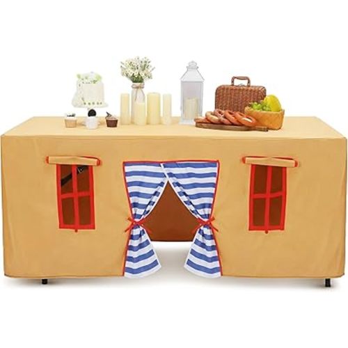 Oudain 10ft x 7.5ft Large Tablecloth Playhouse for Kid Table Fort Cover Table Cloth Tent Playhouse for Dining Room Birthday Indoor Outdoor Party Playground (Yellow Blue Colors,Fairy Style)